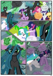 Size: 1741x2500 | Tagged: safe, artist:pyruvate, applejack, pinkie pie, princess celestia, queen chrysalis, rarity, twilight sparkle, alicorn, changeling, earth pony, pony, unicorn, comic:consumed love, g4, comic, consumed love