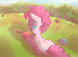 Size: 1200x879 | Tagged: safe, artist:wolfiedrawie, pinkie pie, pony, poring, g4, adventure in the comments, crossover, female, grass, grass field, looking at you, looking back, looking back at you, mare, ragnarok online, rock, solo