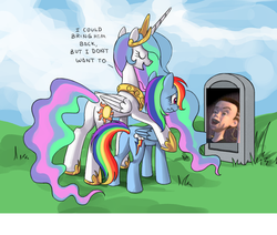 Size: 909x771 | Tagged: safe, princess celestia, rainbow dash, alicorn, pegasus, pony, g4, bitchlestia, butt, celestia's grave meme, crying, derp, exploitable meme, female, grave, here lies sidorovich, implied death, mare, meta, plot, sid phillips, sidorovich, toy story