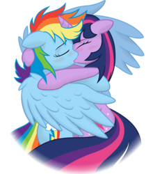 Size: 9000x10708 | Tagged: safe, artist:ambris, artist:iphstich, rainbow dash, twilight sparkle, pegasus, pony, unicorn, g4, .svg available, absurd resolution, blushing, duo, eyes closed, female, hug, kiss on the lips, kissing, lesbian, mare, ship:twidash, shipping, simple background, transparent background, unicorn twilight, winghug, wings