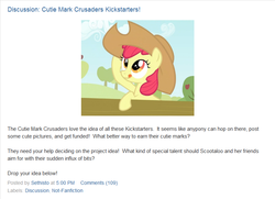 Size: 779x565 | Tagged: safe, apple bloom, equestria daily, g4, cutie mark crusaders, discussion, kickstarter, text