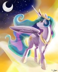 Size: 6000x7500 | Tagged: safe, artist:kcday, princess celestia, alicorn, pony, g4, absurd resolution, female, looking back, moon, sky, smiling, solo, stars, walking, walking on sunshine