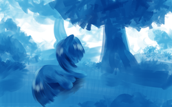 Size: 3840x2400 | Tagged: safe, artist:roadsleadme, pony, eyes closed, lying down, monochrome, solo, tree