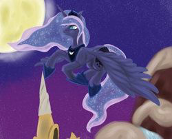 Size: 1324x1068 | Tagged: safe, artist:brushdrop, princess luna, pony, g4, female, flying, moon, night, solo