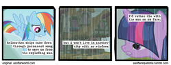 Size: 720x275 | Tagged: safe, artist:limeylassen, rainbow dash, twilight sparkle, g4, a softer world, rain, text, wet, wet mane