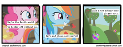 Size: 720x275 | Tagged: safe, artist:asofterequestria, pinkie pie, rainbow dash, comic:a softer equestria, g4, griffon the brush off, a softer world, apple, color, comic, duo, food, prank, sweet apple acres