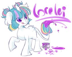 Size: 1071x851 | Tagged: safe, artist:clovercoin, artist:starlightlore, oc, oc only, oc:lorelei, classical unicorn, pony, horn, leonine tail, paint, prehensile tail, solo, writing