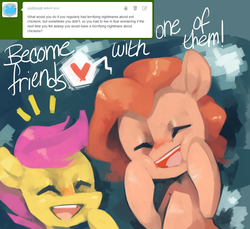 Size: 1040x954 | Tagged: dead source, safe, artist:dhui, pinkie pie, scootaloo, g4, tired pie