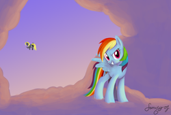 Size: 2046x1381 | Tagged: safe, artist:familyof6, derpy hooves, rainbow dash, pegasus, pony, g4, cloud, cloudy, female, flying, mare