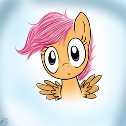 Size: 1000x1000 | Tagged: dead source, safe, artist:wubcakeva, scootaloo, pegasus, pony, g4, bust, female, filly, foal, gradient background, signature, solo, spread wings, wings