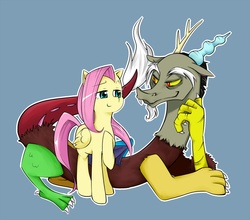 Size: 1711x1506 | Tagged: safe, artist:ya0427, discord, fluttershy, draconequus, pegasus, pony, g4, blue background, female, lidded eyes, looking at each other, male, mare, prone, simple background