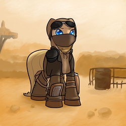 Size: 1200x1200 | Tagged: safe, artist:slavedemorto, oc, oc:backy, clothes, desert, goggles, hoodie, ponified, the fall