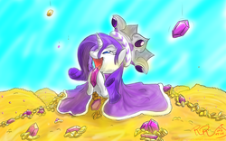 Size: 1280x800 | Tagged: safe, artist:reginart-renart, gameloft, princess platinum, rarity, pony, g4, bits, female, gem, gold, happy, pile, solo