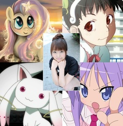 Size: 1364x1400 | Tagged: safe, fluttershy, g4, bakemonogatari, emiri katou, hachikuji mayoi, hiiragi kagami, incubator (species), kyubey, lucky star, puella magi madoka magica, voice actor