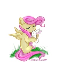 Size: 1275x1650 | Tagged: safe, artist:kimistrylooneyartis, angel bunny, fluttershy, g4, filly, happy, simple background