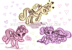 Size: 1227x862 | Tagged: safe, artist:maiasoara, princess cadance, twilight sparkle, g4, filly twilight sparkle, magic, sketch, sleeping, traditional art