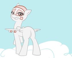 Size: 746x599 | Tagged: source needed, safe, artist:jessy, oc, oc only, oc:blitz, original species, plane pony, pony, a-10 thunderbolt ii, butt, cloud, featureless crotch, looking at you, looking back, plane, plot, solo