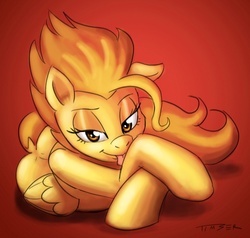 Size: 985x938 | Tagged: dead source, safe, artist:pluckyninja, spitfire, pony, g4, adorasexy, bedroom eyes, crossed hooves, cute, cutefire, female, gradient background, lidded eyes, looking at you, prone, seductive, seductive look, seductive pose, sexy, simple background, smiling, solo, stupid sexy spitfire, tongue out