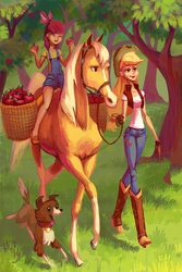 Size: 2492x3736 | Tagged: dead source, safe, artist:holivi, apple bloom, applejack, winona, horse, human, g4, apple, applejack's hat, basket, clothes, cottagecore, cowboy hat, cute, denim, eating, female, food, hat, humanized, humans riding horses, jeans, pants, riding, saddle, siblings, sisters, skinny, tack, thin, tree