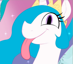 Size: 500x438 | Tagged: safe, artist:sunibee, edit, princess celestia, g4, cropped, reaction image, tongue out, wat