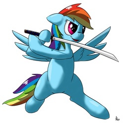 Size: 1000x990 | Tagged: safe, artist:hieronymuswhite, rainbow dash, pony, g4, female, katana, simple background, solo, sword, weapon