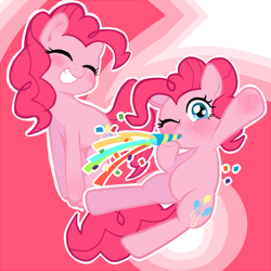 Size: 595x595 | Tagged: safe, artist:aruurara, artist:momo, pinkie pie, earth pony, pony, g4, blushing, cute, diapinkes, eyes closed, grin, hoof hold, horn, looking at you, party horn, self ponidox, smiling, waving, wink