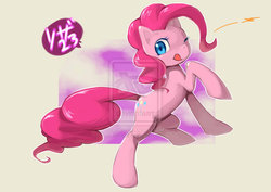Size: 1024x724 | Tagged: safe, artist:riza23, pinkie pie, earth pony, pony, g4, deviantart watermark, female, japanese, mare, obtrusive watermark, one eye closed, solo, tongue out, watermark, wink