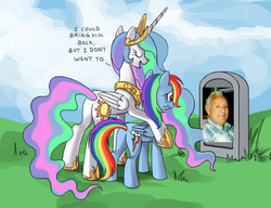 Size: 780x600 | Tagged: safe, princess celestia, rainbow dash, alicorn, pegasus, pony, g4, bitchlestia, bob chandler, butt, celestia's grave meme, chris chan, exploitable meme, female, implied death, internet lumberjack, mare, plot