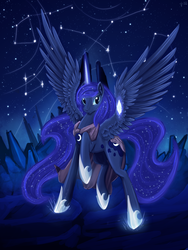 Size: 2400x3200 | Tagged: safe, artist:dalagar, princess luna, alicorn, pony, g4, cloak, clothes, constellation, ethereal mane, female, looking at you, mare, solo, starry mane, stars