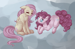 Size: 1500x997 | Tagged: safe, artist:lohtukettu, fluttershy, pinkie pie, g4, comforting, crying, female, lesbian, sad, ship:flutterpie, shipping