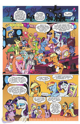 Size: 900x1391 | Tagged: safe, idw, official comic, applejack, big macintosh, cheerilee, daisy, dj pon-3, flower wishes, fluttershy, gummy, lyra heartstrings, octavia melody, pinkie pie, rainbow dash, rarity, spike, sweetcream scoops, trixie, twilight sparkle, vinyl scratch, alligator, earth pony, pegasus, pony, unicorn, g4, my little pony micro-series, official, spoiler:comic, spoiler:comicm03, big scoops, clothes, comic, female, hat, idw advertisement, katie cook, lampshade, lampshade hat, laurel wreath, male, mare, moon, preview, red eyes, stallion, toga