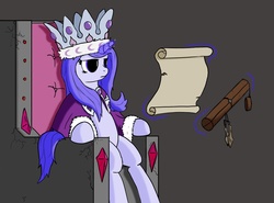 Size: 2065x1531 | Tagged: safe, artist:php49, derpibooru exclusive, princess platinum, rarity, pony, g4, crown, dilated pupils, female, magic, reading, scroll, sitting, solo, telekinesis, throne