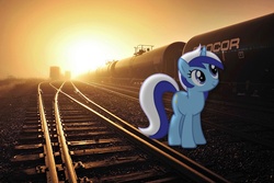 Size: 800x533 | Tagged: safe, artist:101pegasister101, minuette, pony, unicorn, g4, irl, photo, ponies in real life, railroad, sun, train, vector