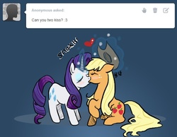 Size: 643x500 | Tagged: safe, artist:twilidramon, applejack, rarity, ask rarijack, g4, ask, ask-rarijack, female, heart, kissing, lesbian, magic, ship:rarijack, shipping, telekinesis