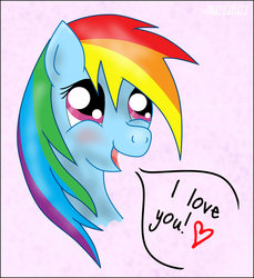 Size: 900x983 | Tagged: safe, artist:muzzafuzz, rainbow dash, g4, blushing, bust, eyes closed, heart, i love you, open mouth, portrait, simple background, solo, white background