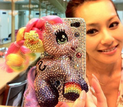 Size: 436x378 | Tagged: safe, toola-roola, earth pony, human, pony, g3, g3.5, bedazzled, case, customized toy, female, iphone, irl, irl human, phone case, photo, selfie, toy, wat