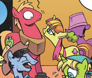 Size: 188x159 | Tagged: safe, idw, official comic, big macintosh, sweetcream scoops, earth pony, pony, unicorn, g4, micro-series #3, my little pony micro-series, spoiler:comic, big macintosh gets all the mares, big scoops, cropped, female, hat, implied shipping, lampshade, lampshade hat, male, mare, picture for breezies, shipping, stallion, straight