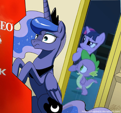 Size: 600x560 | Tagged: safe, princess luna, spike, twilight sparkle, g4, my little pony: friendship is magic, the crystal empire, crossing the memes, exploitable meme, meme, memeception, neo geo celestia, the scary door