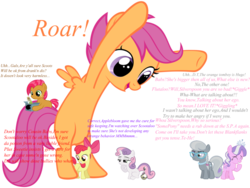 Size: 800x600 | Tagged: safe, apple bloom, babs seed, diamond tiara, scootaloo, silver spoon, sweetie belle, earth pony, pegasus, pony, unicorn, g4, bipedal, giant pony, growth, simple background, text, transparent background