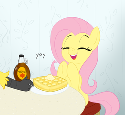 Size: 504x462 | Tagged: safe, artist:furseiseki, fluttershy, griffon, pegasus, pony, g4, cute, eyes closed, maple syrup, shyabetes, sitting, table, talons, waffle, yay