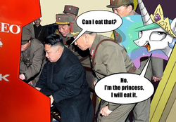 Size: 720x500 | Tagged: safe, artist:johnjoseco, princess celestia, g4, exploitable meme, kim jong-un, meme, neo geo celestia, north korea