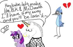 Size: 840x543 | Tagged: safe, artist:redrawcentral, twilight sparkle, pony, unicorn, g4, crossover, heartbreak, male, mordecai, regular show, trio