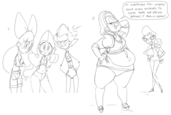 Size: 1212x821 | Tagged: safe, artist:ross irving, apple bloom, diamond tiara, scootaloo, silver spoon, sweetie belle, human, g4, chubby diamond, fat, female, humanized, larger female, size difference, sketch, smaller female, swimsuit