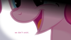 Size: 1280x720 | Tagged: safe, artist:jan, edit, pinkie pie, earth pony, pony, g4, anti-bronybait, close-up, comic sans, female, fourth wall, i don't want to live on this planet anymore, mare, meta, oh no, open mouth, paradox, photoshop, pink text, simple background, smiling, solo, taboo, text, truth, white background