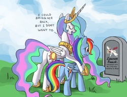 Size: 910x700 | Tagged: safe, princess celestia, rainbow dash, oc, oc:fausticorn, alicorn, pegasus, pony, g4, butt, celestia's grave meme, exploitable meme, female, grave, implied death, lauren faust, mare, plot