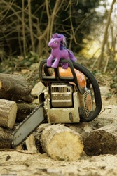 Size: 800x1200 | Tagged: safe, artist:darkdoomer, twilight sparkle, g3, g4, chainsaw, customized toy, irl, photo, toy, wood