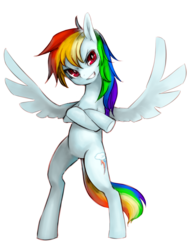 Size: 587x778 | Tagged: safe, artist:kimoringo, rainbow dash, pony, g4, bipedal, grin, wings