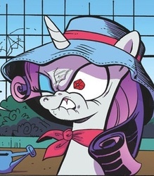 Size: 305x348 | Tagged: safe, idw, official comic, rarity, pony, g4, micro-series #3, my little pony micro-series, spoiler:comic, angry, hat, solo