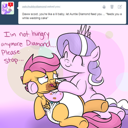 Size: 800x800 | Tagged: safe, artist:fillyscoots42, diamond tiara, scootaloo, pegasus, pony, unicorn, ask chubby diamond, ask crinkleloo, g4, belly, bib, big belly, cake, chubby, crinkleloo, diaper, diaper fetish, female, force feeding, non-baby in diaper, poofy diaper, tumblr