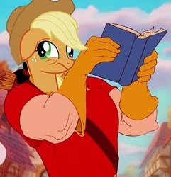 Size: 368x382 | Tagged: safe, edit, applejack, applebuck season, g4, my little pony: friendship is magic, beauty and the beast, book, derp, gaston legume